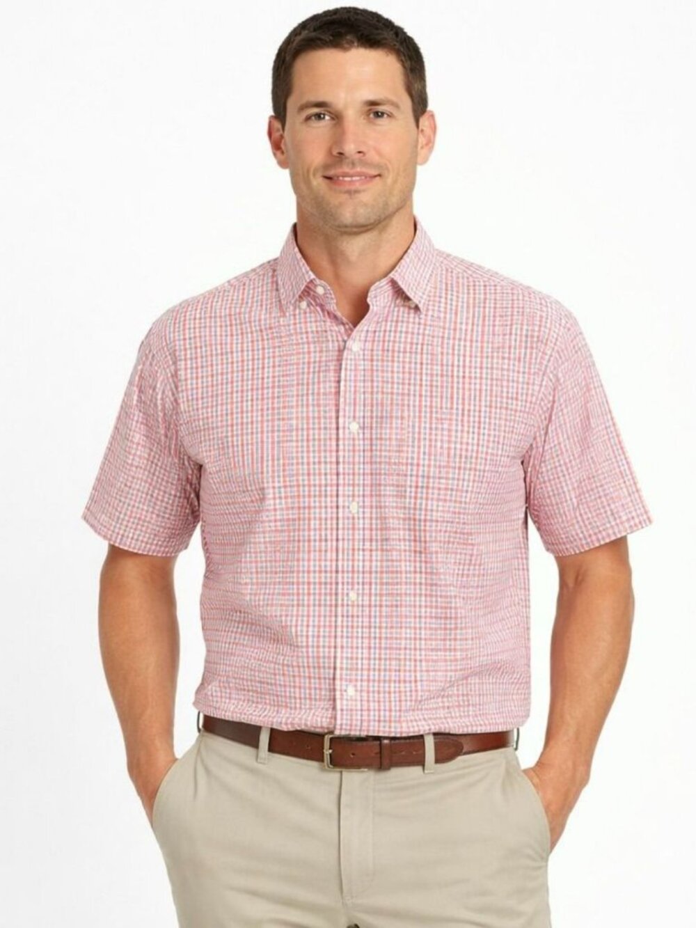 Peter Millar Mens Shirt Silk Cotton Blue Pink Plaid Short Sleeve Size L